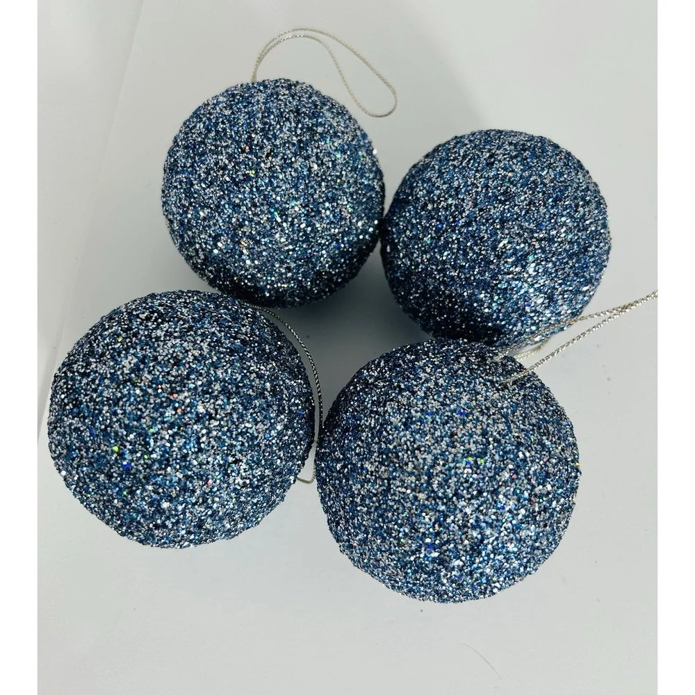 Lot of 4 Blue Jumbo Glitter Mercury Glass Style Shatterproof Ball‎ Ornaments